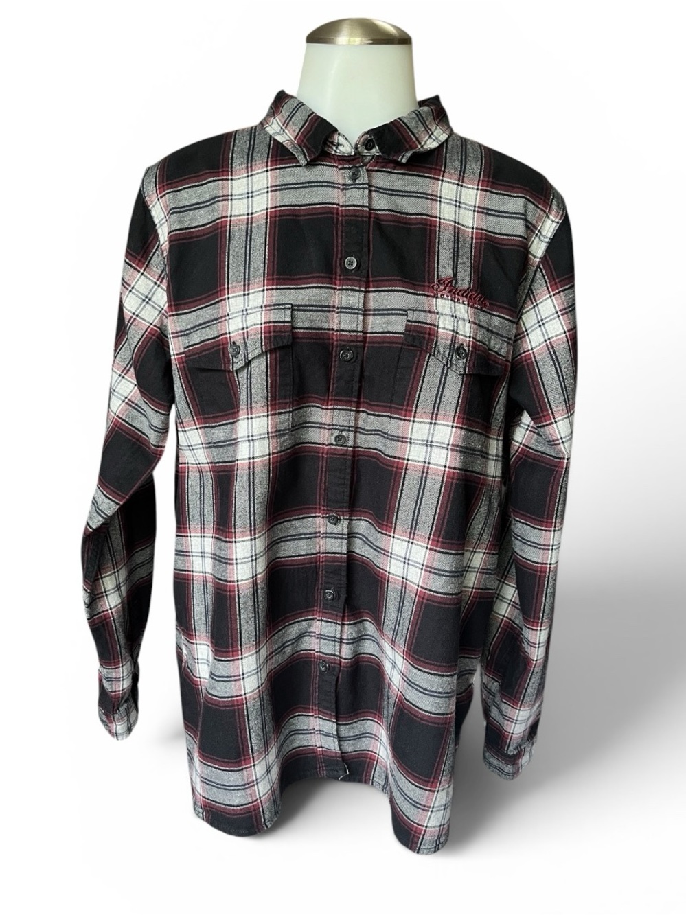 Indian Motorcycle Plaid Button Down Shirt Size Large Embroidered black red white